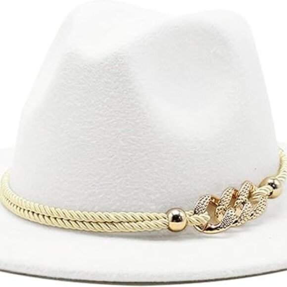 Gossifan Lady Fashion Wide Brim Felt Fedora Panama Hat with Ring Belt-White - Picture 1 of 3